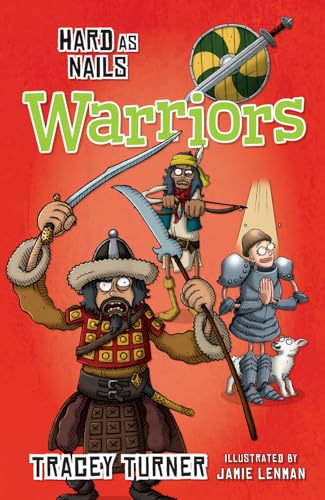 Book cover with cartoon warriors and shields on a red background.