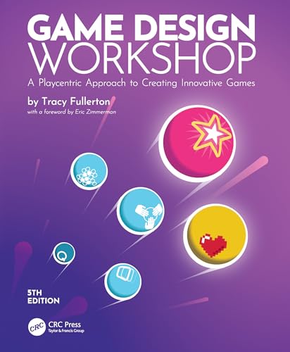 Book cover for Game Design Workshop with colorful floating icons on a purple background.