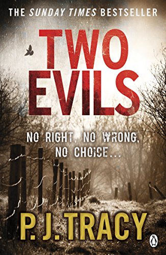Book cover for “Two Evils” by P.J. Tracy, featuring a dark, misty forest.