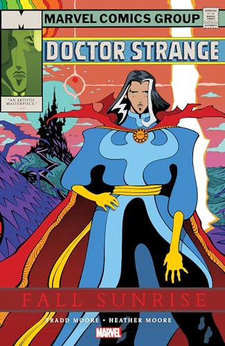 Doctor Strange in a blue suit with a red cape, illustrated cover.
