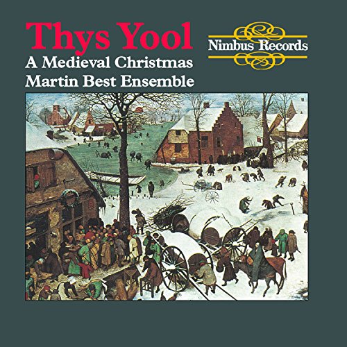 "Album cover with medieval winter scene, dark green background, and red and white text."
