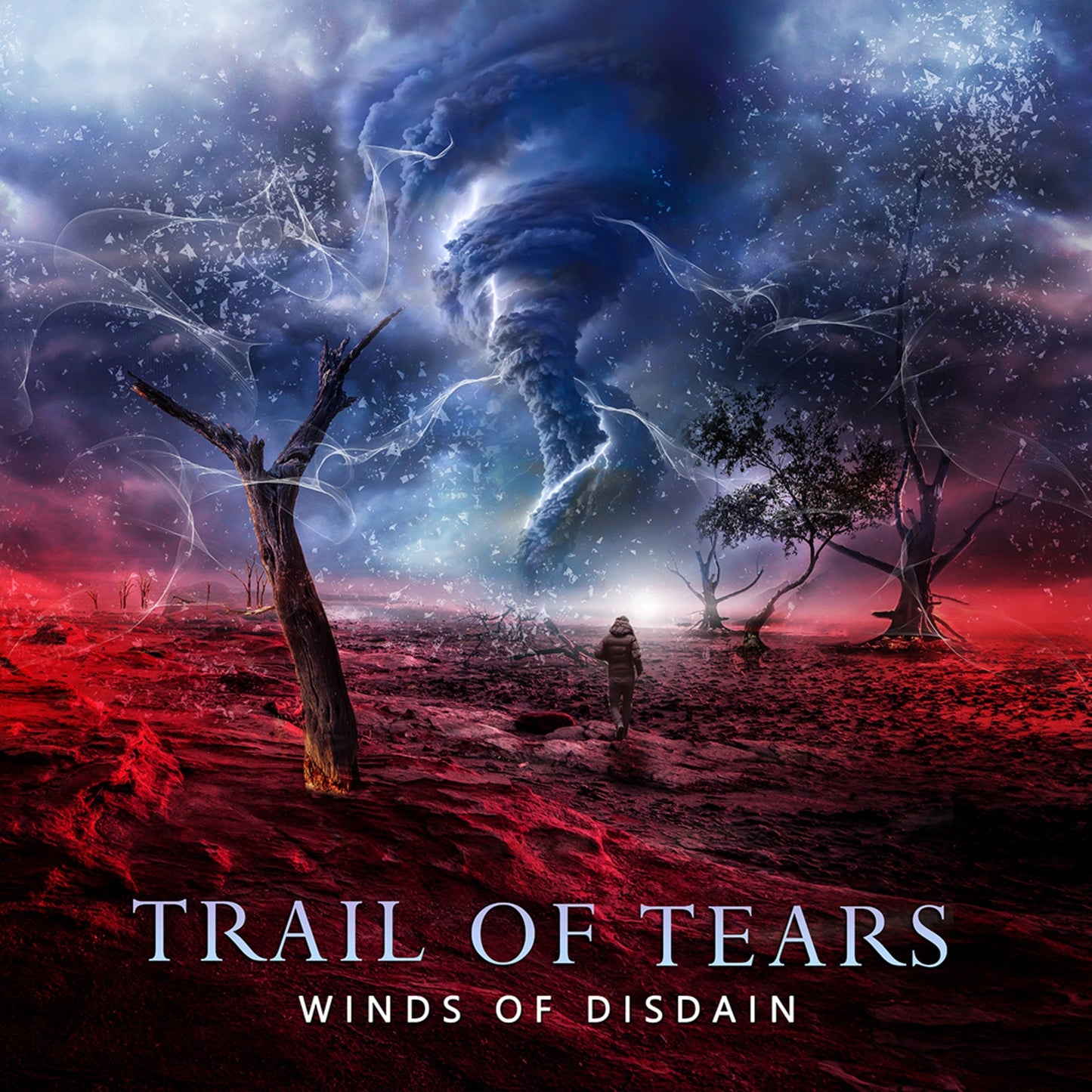 Dark fantasy album cover with a swirling storm and barren landscape.
