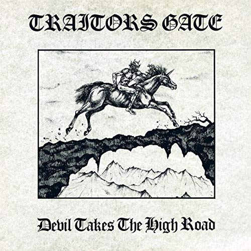 Album cover featuring a horned figure riding a unicorn over a mountain landscape.