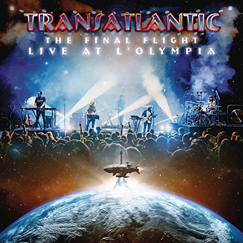 Transatlantic band performing live on stage with a cosmic Earth backdrop.