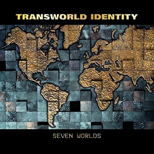 CD cover with a gold textured world map on a blue grid background.