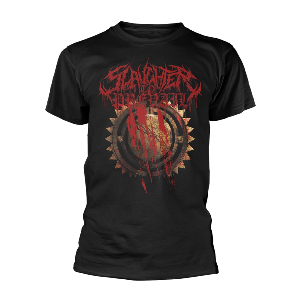 Black t-shirt with red and gold graphic of a spiked gear.