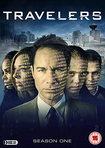 DVD cover of "Travelers: Season One" featuring five serious-looking individuals with a cityscape background.