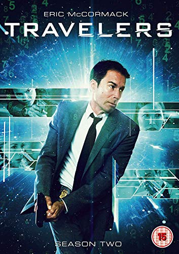 DVD cover for Travelers Season Two featuring Eric McCormack holding a gun against digital background.