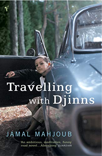 Book cover: boy by vintage car, title "Travelling with Djinns".