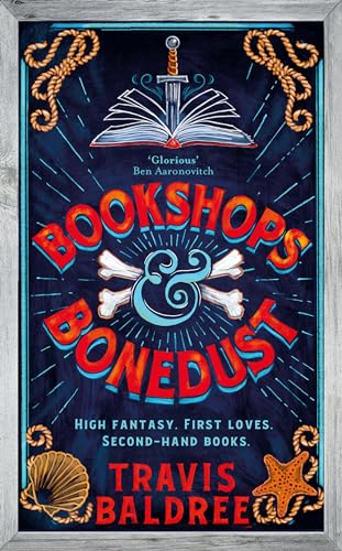 Book cover for Bookshops & Bonedust featuring a sword, open book, and crossbones illustration.