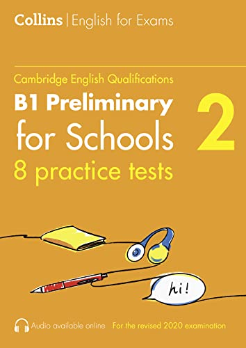 Orange book cover for B1 Preliminary for Schools practice tests with headphones and pen.
