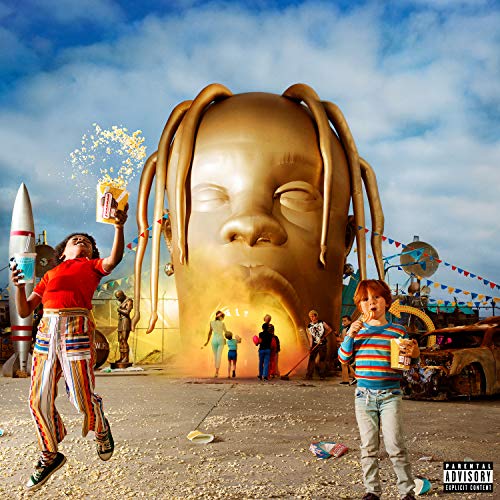 Album cover for Travis Scott’s Astroworld, featuring a large face and children.