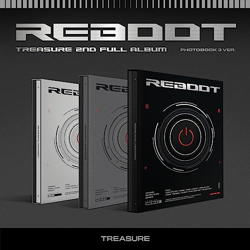 Treasure “Reboot” album cover featuring three black and white book designs.
