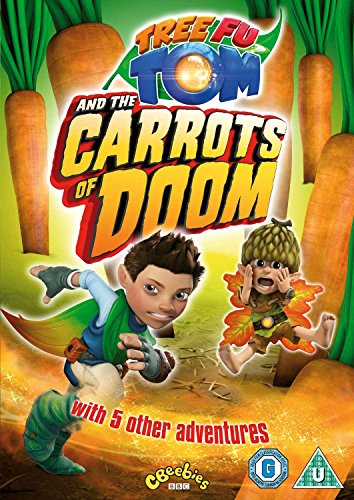 "Tree Fu Tom" DVD cover featuring a boy and acorn character amidst giant carrots.