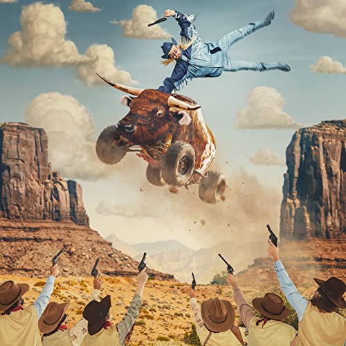 Cowboy falling from a mechanical bull as people point guns.