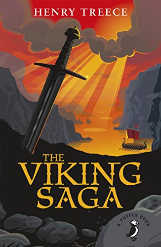 Book cover: a sword, Viking ship, mountains, and fiery orange sky.