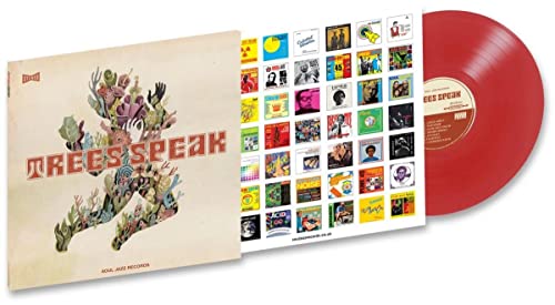 Vinyl record with red disc, illustrated cover, and a grid of album thumbnails.