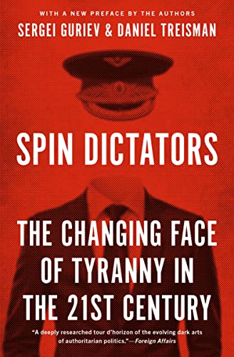 Book cover: red background, silhouette of a man in military hat, title “Spin Dictators.”