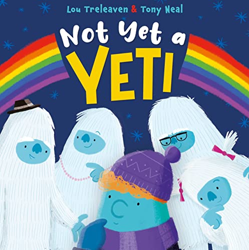 Book cover with a blue creature and several white, yeti-like figures.
