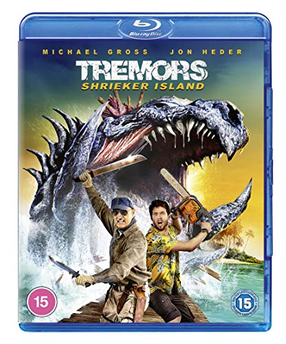 "Tremors: Shrieker Island" Blu-ray case with cover art of men fighting a sea monster.