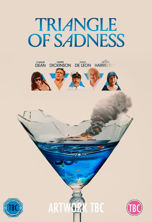 “Triangle of Sadness” DVD cover featuring cast photos and a sinking yacht.