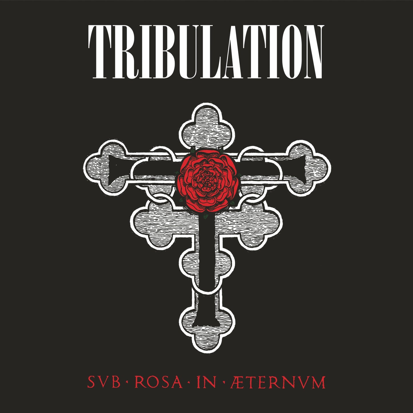 CD cover: black background with white text and a red rose on a cross.
