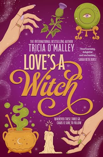 Book cover featuring a purple background, witchy illustrations, and the title Love's a Witch.