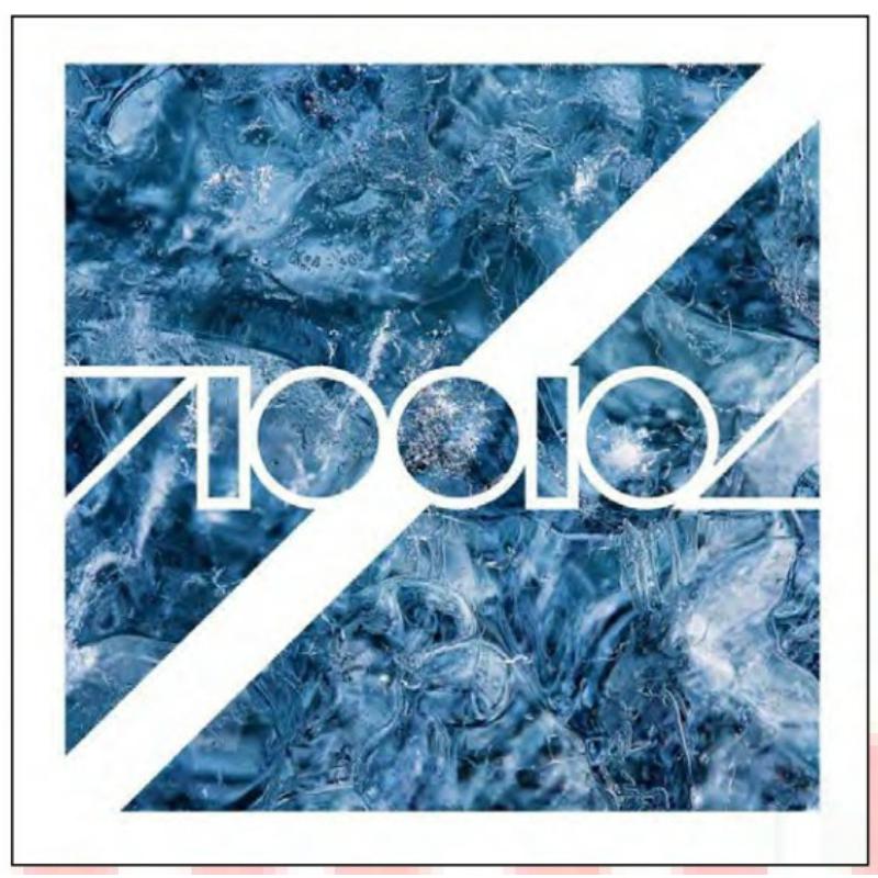 Vinyl record cover with abstract blue marbled texture and white text.
