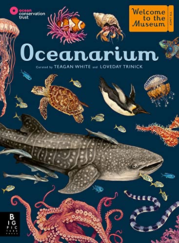 Book cover titled Oceanarium featuring detailed illustrations of various sea creatures on dark blue.