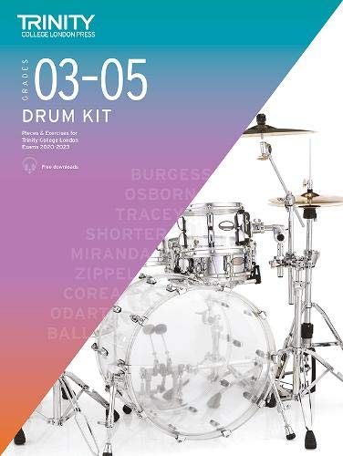 Trinity College London Drum Kit book, grades 3-5, with drum set image.