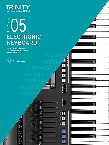 Trinity College London Grade 5 Electronic Keyboard exam book with keyboard image.