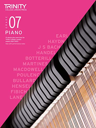 Pink piano exam book cover, Grade 7, with composer names listed.
