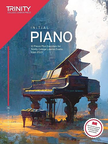 Trinity College London Initial Piano exam book cover featuring a grand piano illustration.