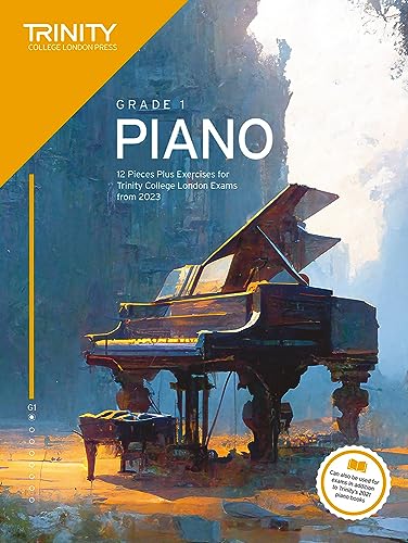 Trinity College London Grade 1 piano exam book cover with a grand piano illustration.