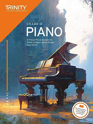 Trinity College London Grade 4 Piano exam book cover with a grand piano illustration.
