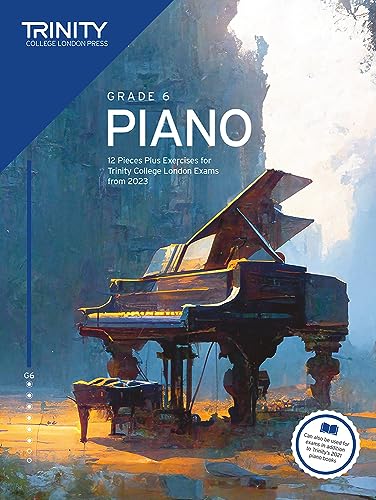 Trinity College London Grade 6 piano exam book cover featuring an artistic grand piano.