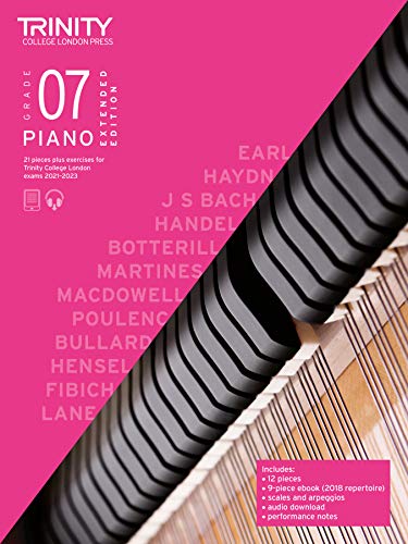 Pink piano exam book, Grade 7, with composer names listed.