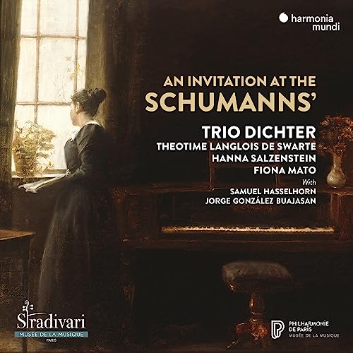 CD cover: woman by piano, floral arrangement, text “An Invitation At The Schumanns’”.