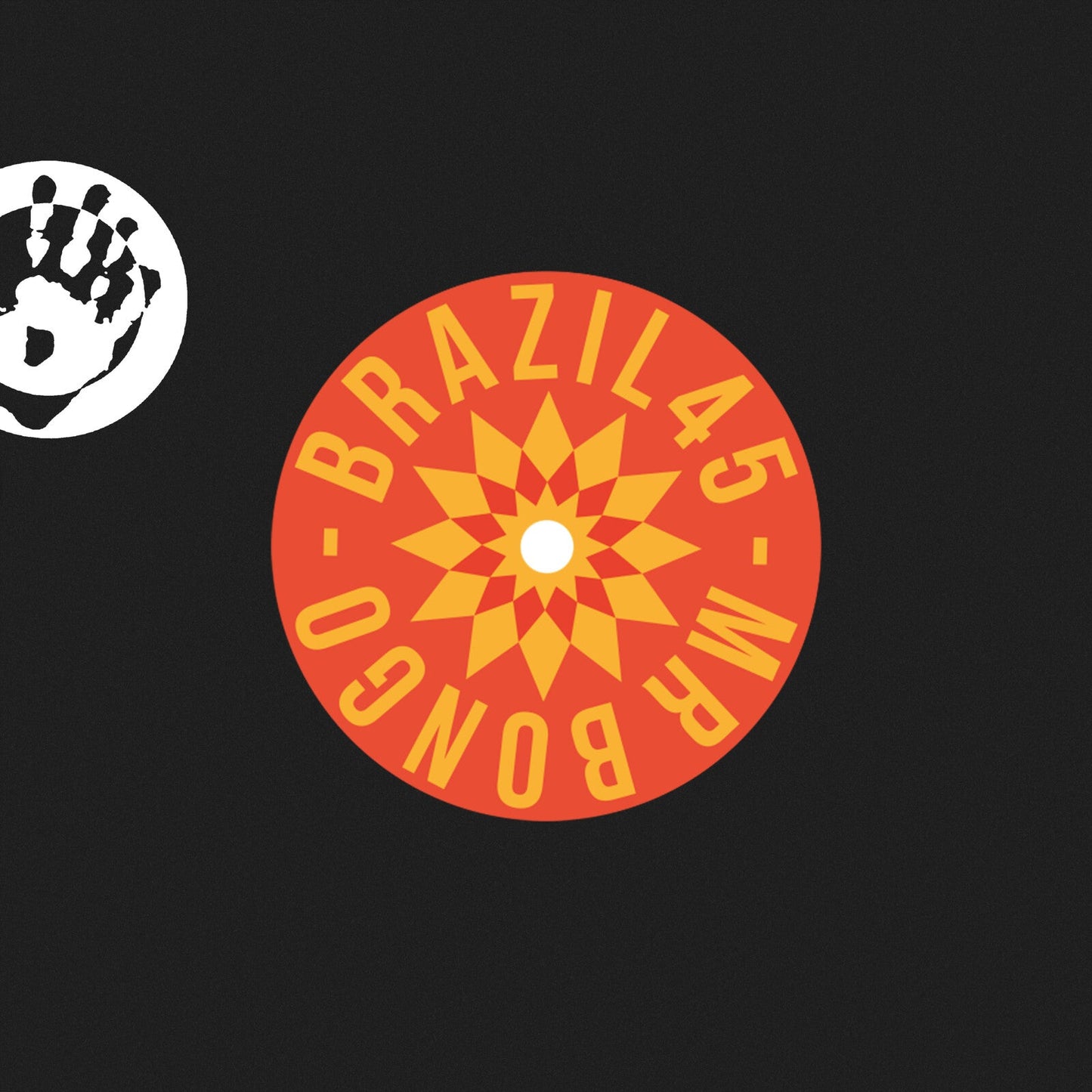 Orange and black record label design with a handprint and starburst.