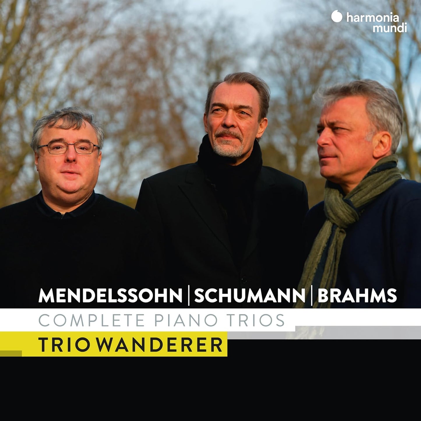 CD cover featuring Trio Wanderer and composers Mendelssohn, Schumann, Brahms.