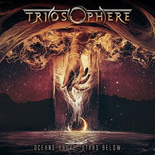 Triosphere album cover: hand reaching down toward water and stars.