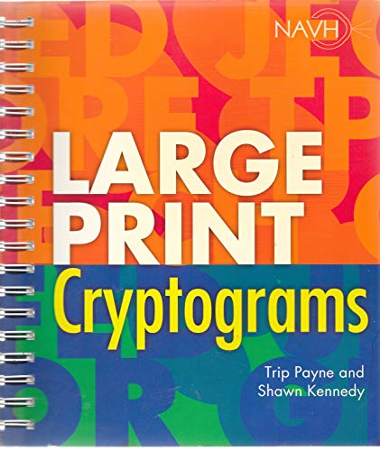 Spiral-bound book cover titled Large Print Cryptograms with a colorful letter background.