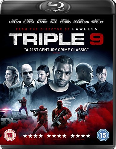 "Blu-ray case for 'Triple 9' with cast images and red-tinted action scene."