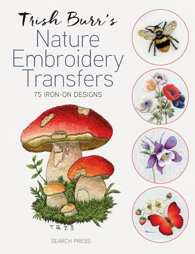 Booklet with 75 iron-on embroidery designs featuring natural motifs, likely with floral and leaf patterns.