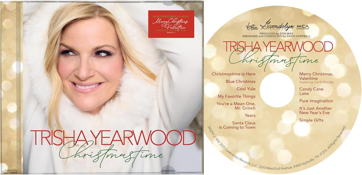 Trisha Yearwood “Christmastime” CD cover with artist portrait and tracklist.