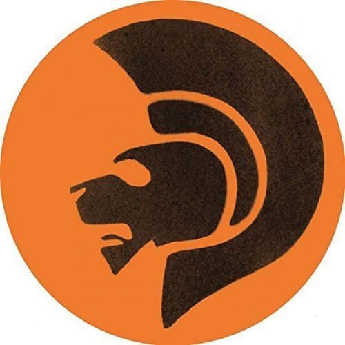 Orange circle with a black silhouette of a Trojan helmet profile.