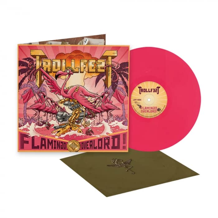 Pink vinyl record with album cover featuring a robotic flamingo and palm trees.