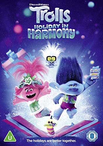 Trolls Holiday in Harmony" DVD cover featuring Poppy, Branch, and other characters.