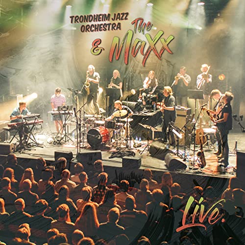 Jazz orchestra performing on stage with an audience in view.