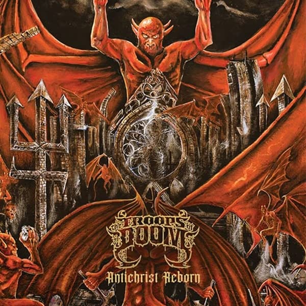 Red album cover depicting a horned demon against a gothic cityscape.